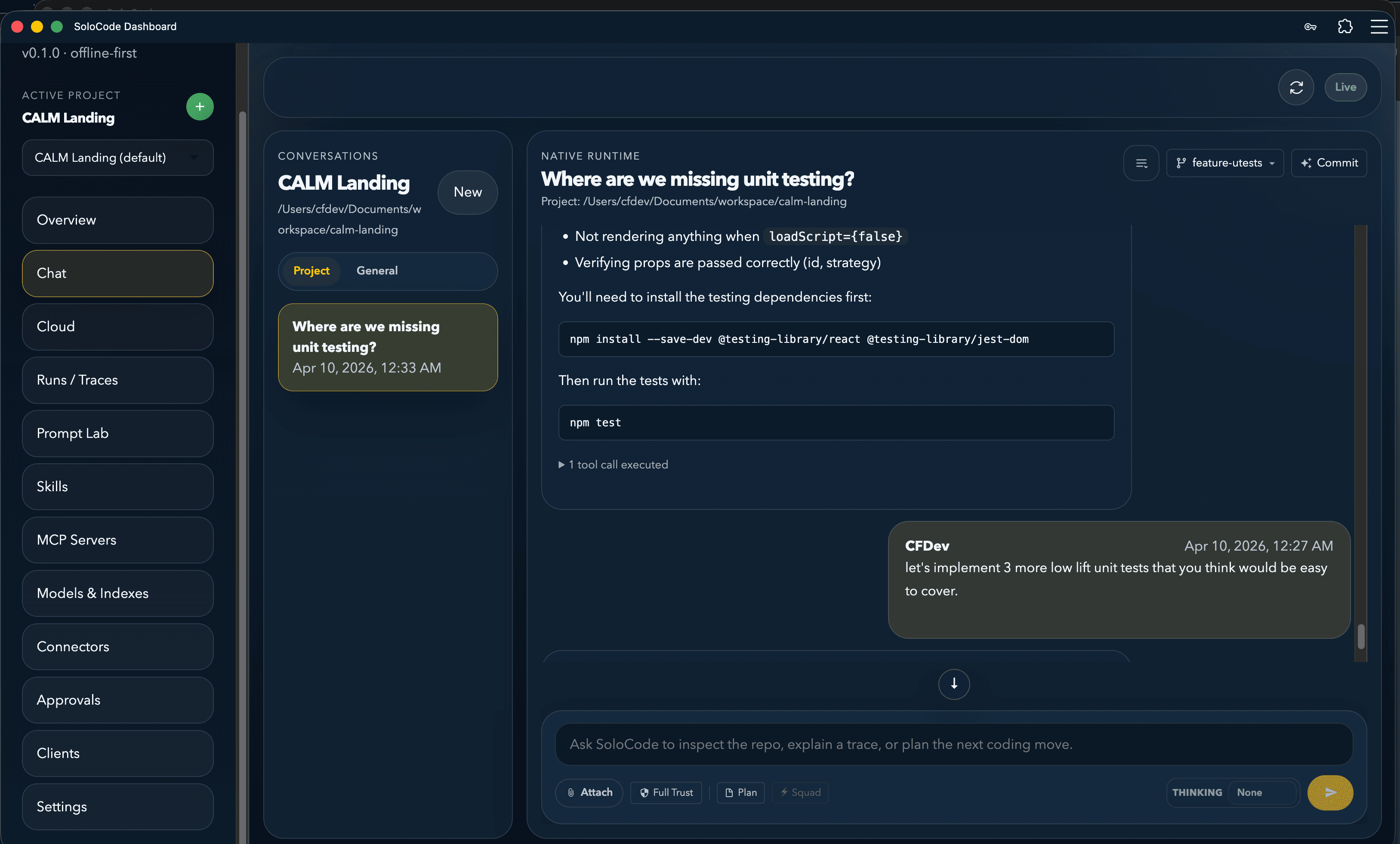 SoloCode conversational coding workspace view