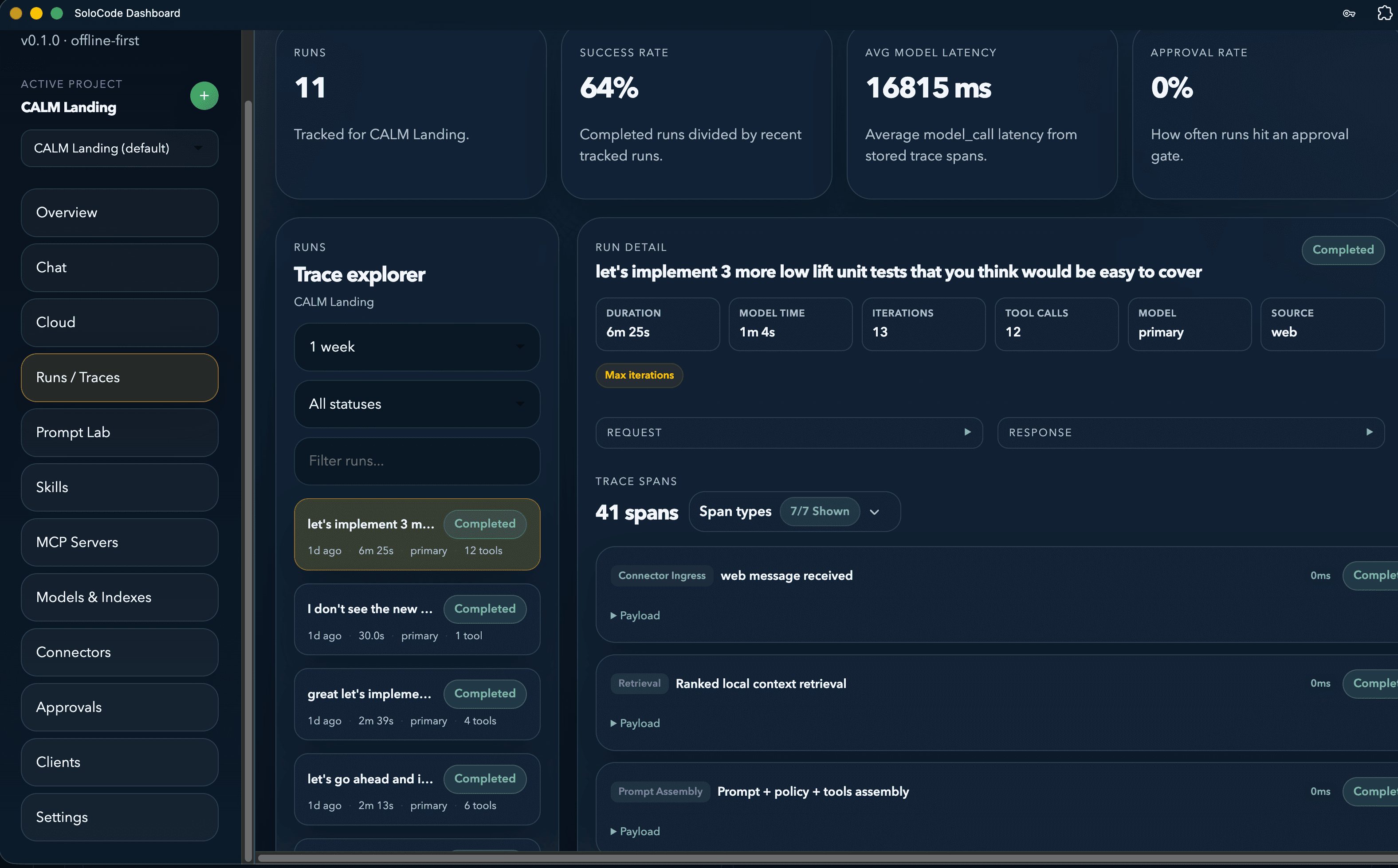 SoloCode runs and traces dashboard view